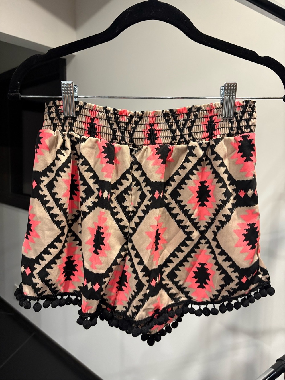 Honey Punch High-Waist Aztec Shorts in Neon Coral, Black & Cream Boho